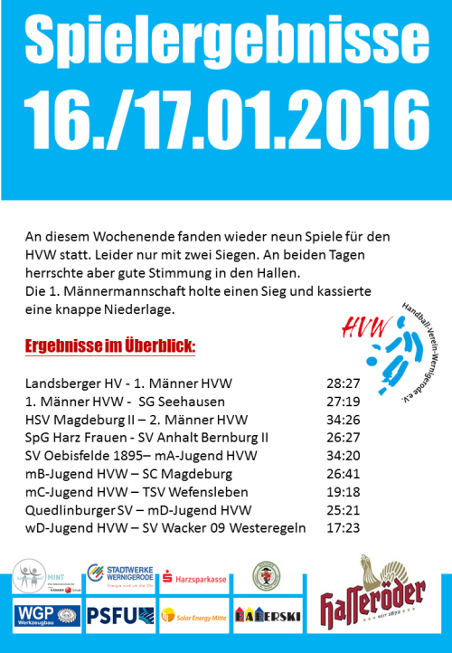 HVW Spielergebnisse vom 16./17.01.2016